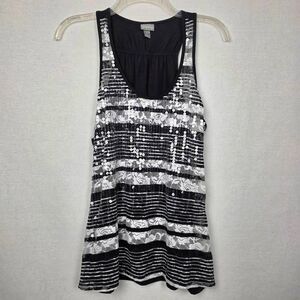 Vanity Sequin Lace Stripe Racerback Tank Top Black L